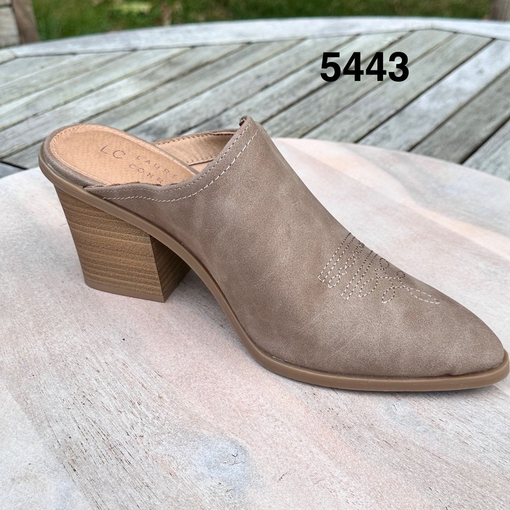 LC Lauren Conrad Womens Taupe Western Mule Heels Pointed Toe Slides Size 9